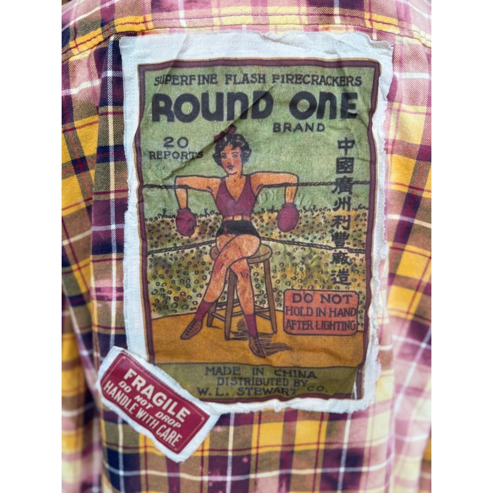 Upcycled Boxing Girl Flannel Medium Folk Art Grunge Indie Shirt - Picture 2 of 6